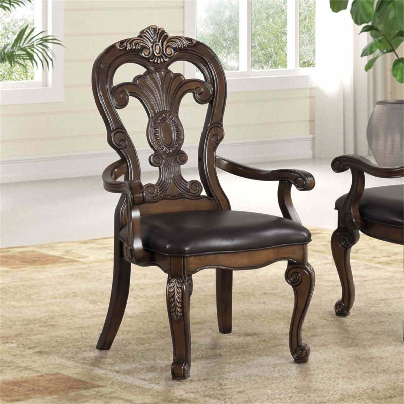 Fauteuil 2 pièces de style traditionnel avec corbeaux ornés et finition chêne / beige pour les salles à manger élégantes