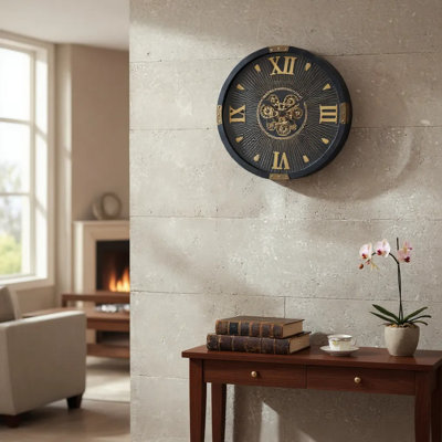Antique Metal Gear Wall Clock Moving Gears Design - Vintage Decorative Timepiece Hand Finished Stylish Living Room Wall Decor