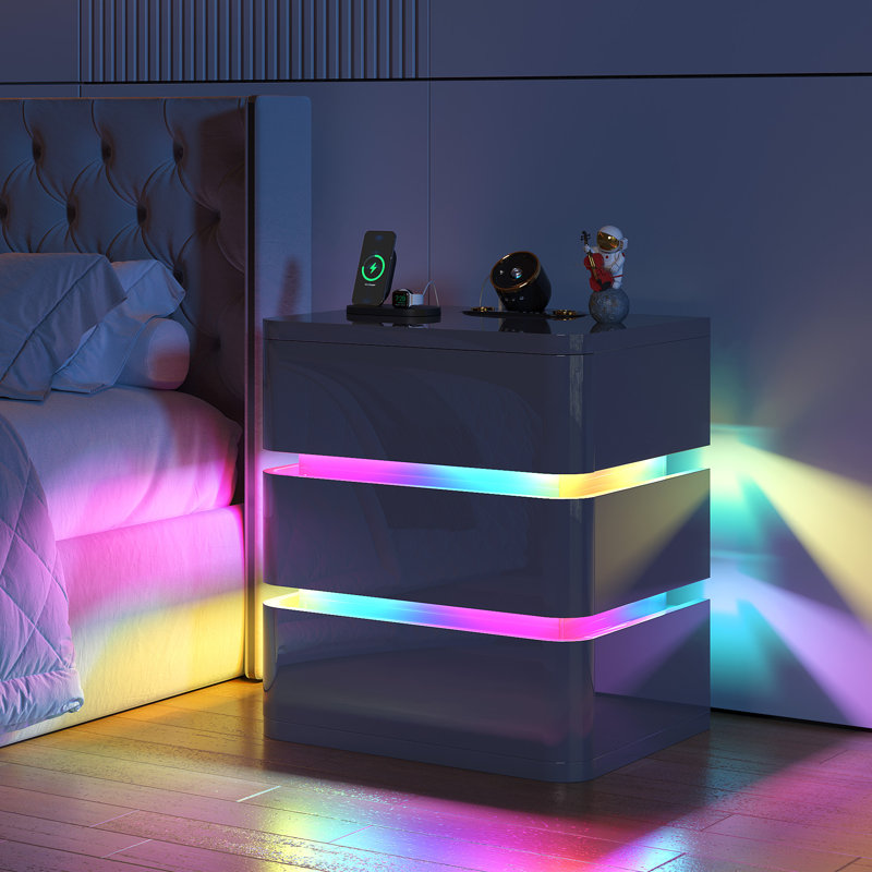 Fully Assembled 3-Drawer Nightstand with Charging Station and Motion Sensor RGB Light, Curved Profil, Grey