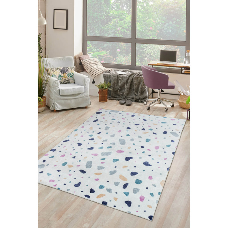 Tapis décoratif blanc en polyester géométrique coloré au toucher doux tissé à la machine, Rectangle 5 pi 3 po x 7 pi 7 po