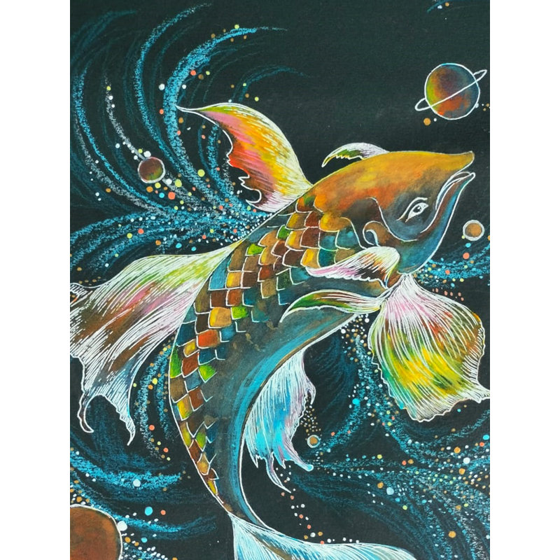 Poisson coloré étincelant dans l'espace | Technique mixte sur feuille noire | Par Megha Chakraborty