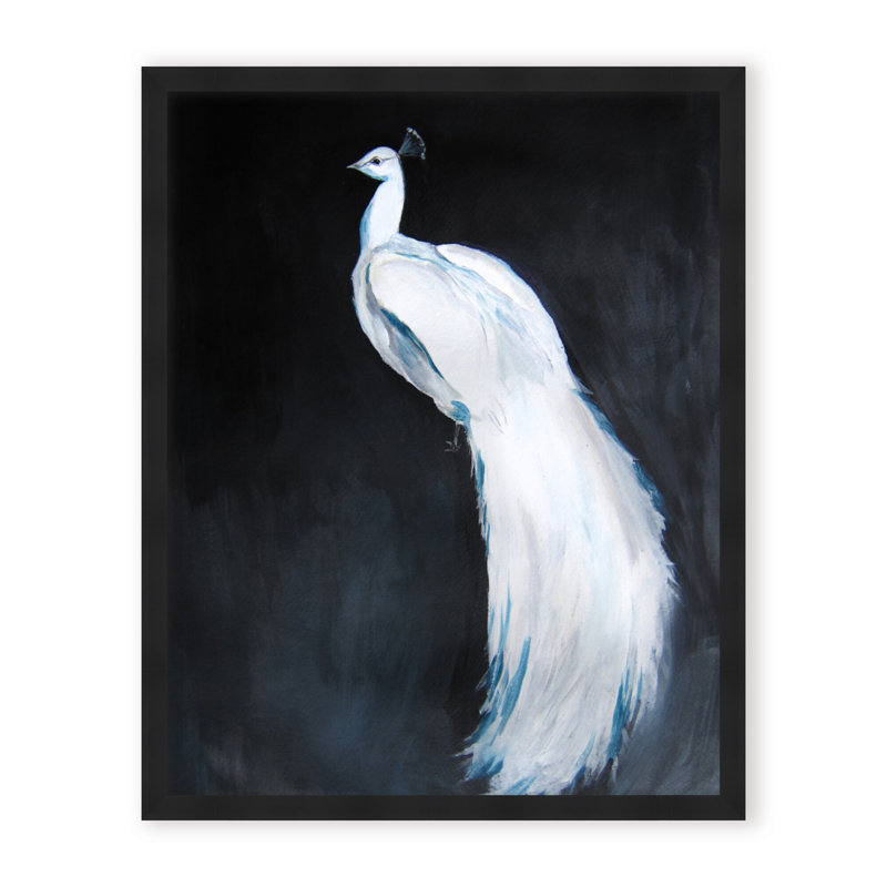 Nature Inspired Alabaster Majesty: White Peacock Against The Night, 30" H x 24" W x 1.125" D, Framed Print, Gold