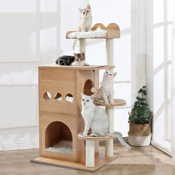 47" Modern Cat Tower with 2-Floor Condo, Cat Furniture Sisal Scratching Posts, Dangling Balls