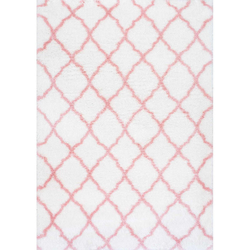Tapis performance blanc / rose à poils longs et motif à treillis Cuanaic, Rectangle 3 pi 3 po x 5 pi