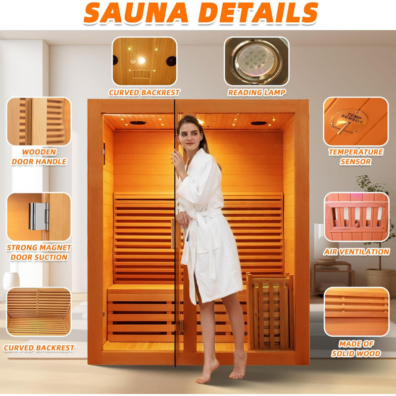 ZONEMEL Wooden Steam Sauna Room, 2-3 Person Canadian Red Cedar Luxurious Indoor Sauna with 4.5 KW Harvia Stove Heater, WiFi Control, Sauna Stone, Wooden Bucket, Scoop, Reading Light, Hourglass, 220V