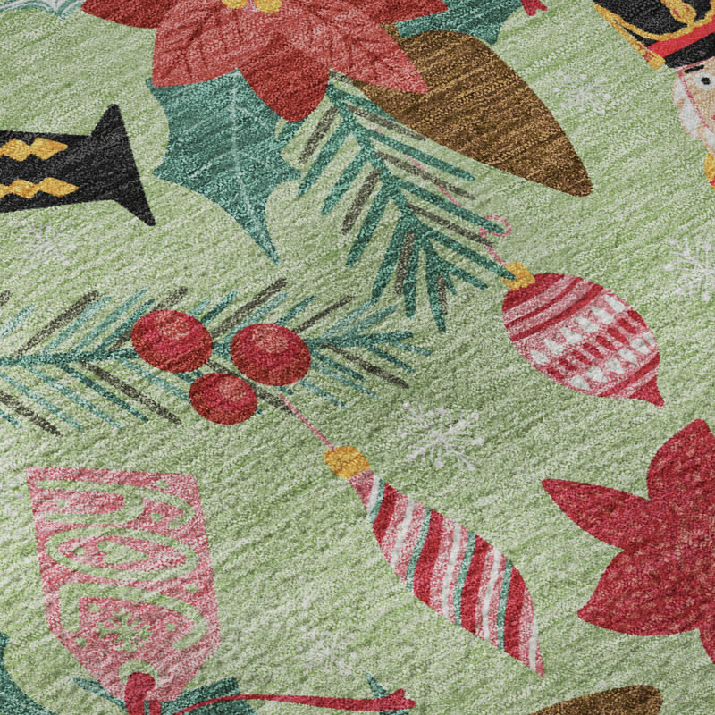 Premium Machine Washable Dockside AMF1822 Nutcracker and Poinsettia Rug, Rectangle 1'8" x 2'6"