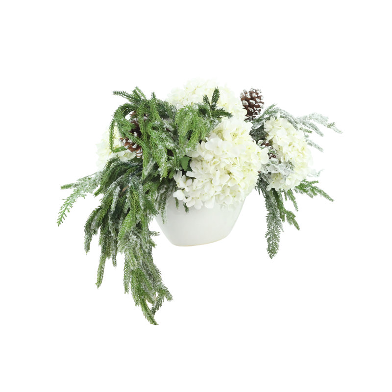 Holiday Arrangement with Sage, Hydrangeas and Pinecones