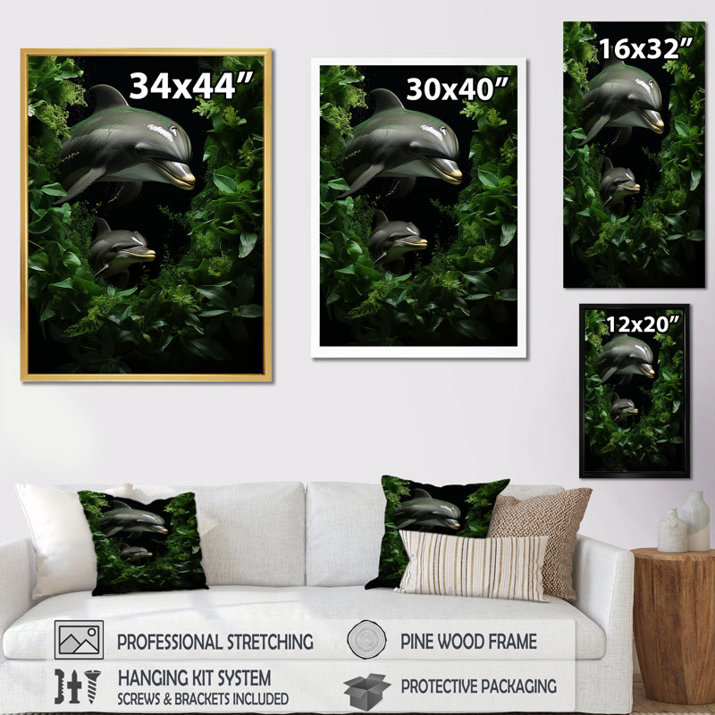 «Dolphin Eco Guardians» sur toile, Cadre simple argenté, H 32 po x l 16 po x P 1 po