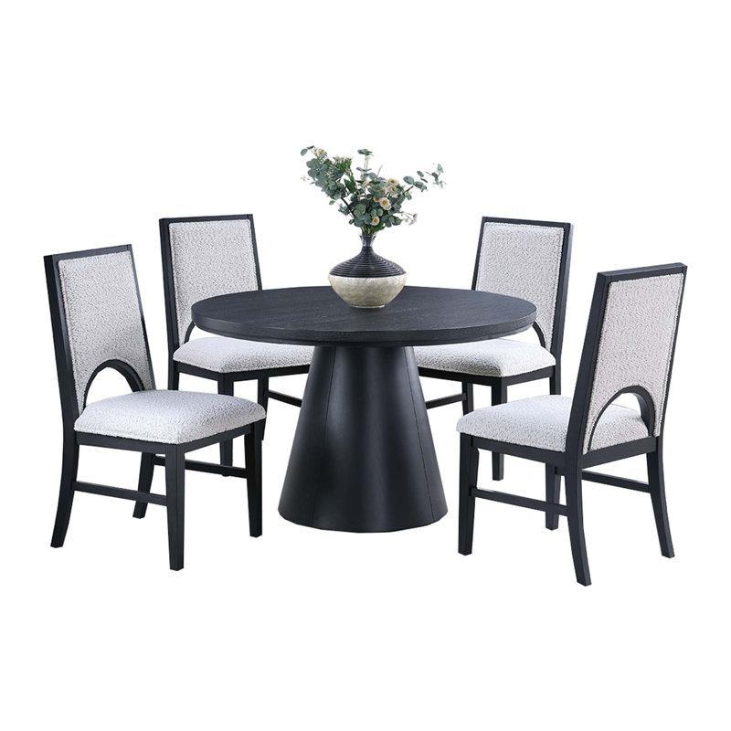 5 pièces Table de salle à manger avec 4 chaises latérales en tissu blanc avec table ronde et base cône