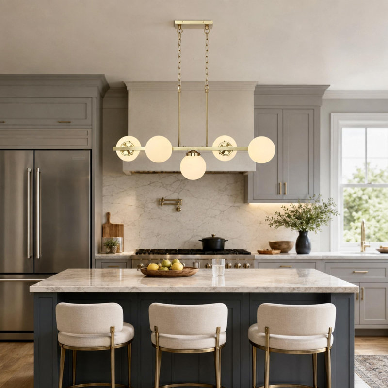 Renley 5 - Light Kitchen Island Pendant with Glass Globe Shades, White, Gold