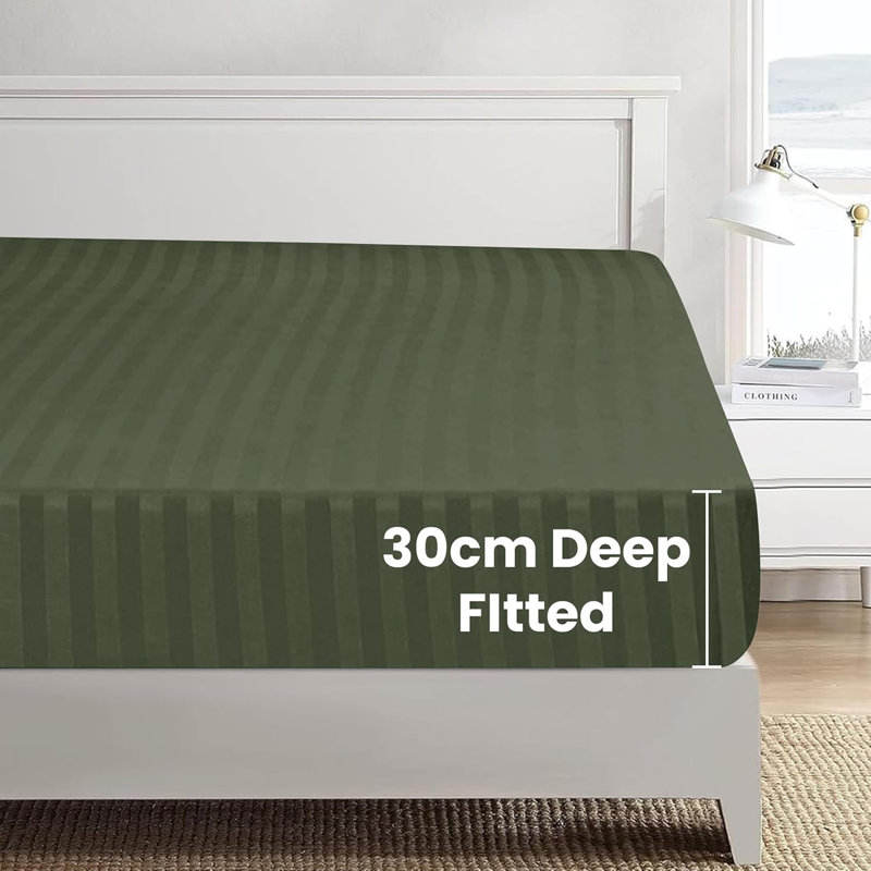 Microfiber Striped Duvet Cover Set with Pillowcases, Olive Green, Double Duvet Cover 2 Pillowcases