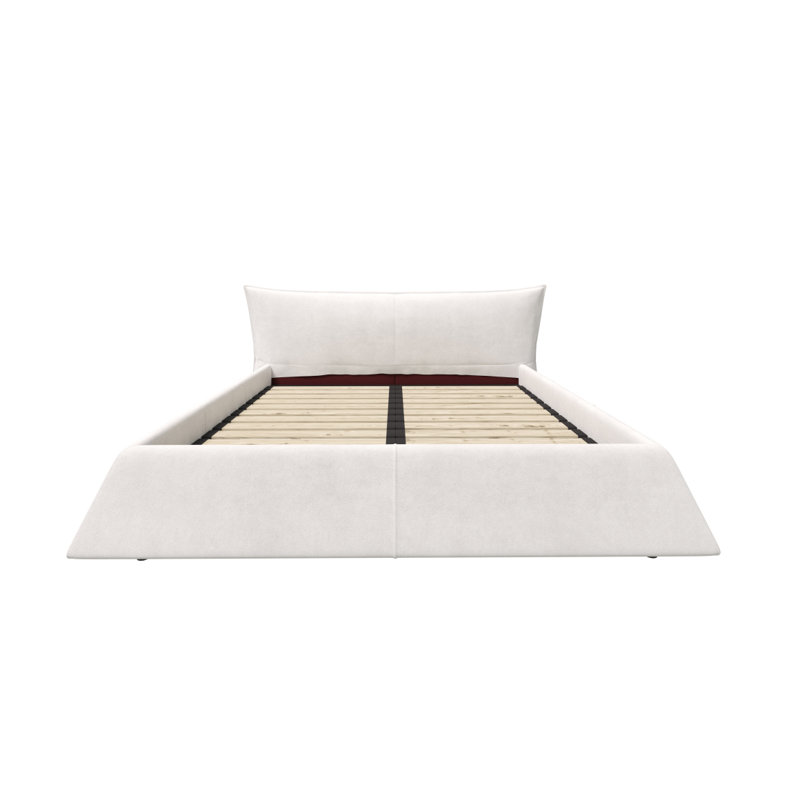 Grand lit plateforme tapissier avec tête de lit en velours de forme spéciale, structure en métal et bois massif, crème