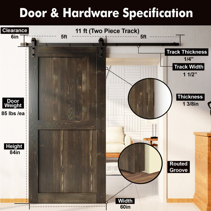 Porte en bois de pin massif non assemblé avec design H rustique noir H Design, 60 po x 84 po, Ébène