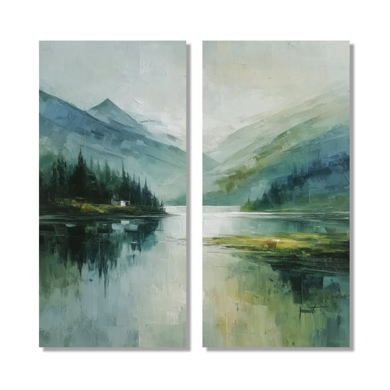 «Green Black Lake Breeze Sunrise Mist», art mural encadré lever de soleil vert, H 40 po x l 40 po, Toile tendue