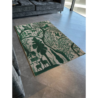 Green-Themed Wild Forest Design Tree, Deer, and Wolf Patterned Modern Decorative Rug