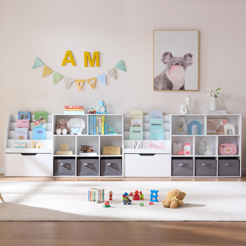 58.5" Kids Toy Storage Organizer with Rolling Drawer & Bins, Wooden 9-Cube Bookshelf for Playroom, Nursery & Bedroom, White