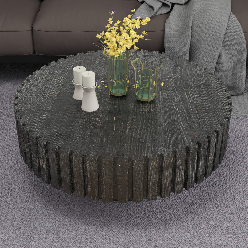 Table basse ronde cannelée 31,4 po, table en bois naturel minimaliste moderne pour le salon