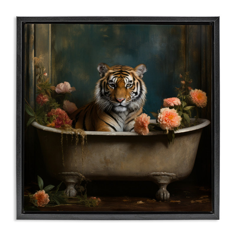 Tigre dans une baignoire florale, H 18 po x l 18 po, Cadre flottant noir de jais