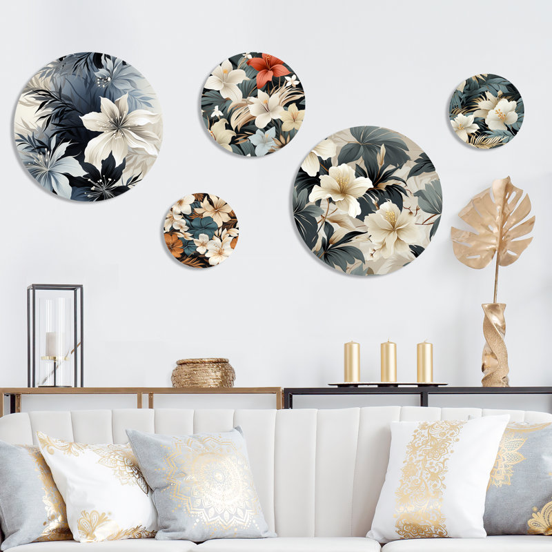 «Mirage monochrome», motif tropical IV - ensemble d'art mural floral rond tropical de 5