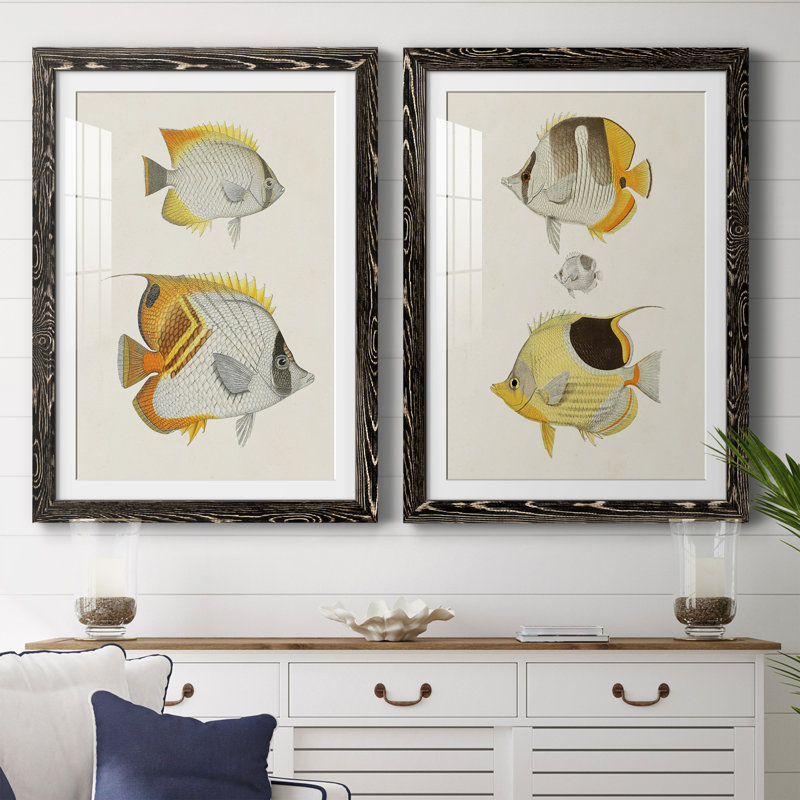 Jaune et gris poisson I encadré mat - prêt à accrocher, H 31,5 po x l 23,5 po x P 1 po, Noir