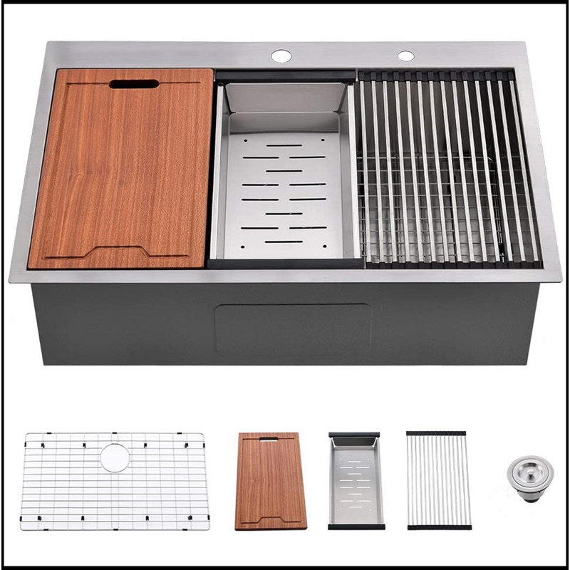 Drop-In 16 Gauge Kitchen Sink R10 Radius Stainless Steel Kitchen Sink Single Bowl With Intergrated Ledge & Accessories (Pack Of 5)
