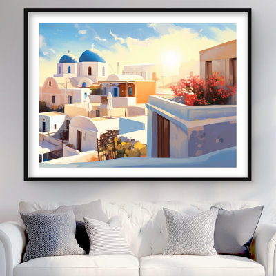 High View of Santorini - Blue Coastal, reproduction d'art encadrée