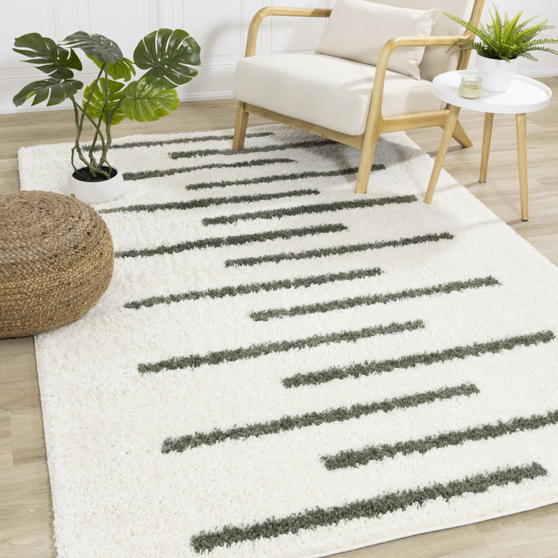 Wassily Striped White Green Shag Area Rug, Rectangle 6'7" x 9'6"