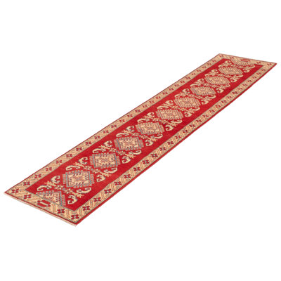 Tapis de couloir en laine noué à la main de conception unique 2 pi 7 po x 11 pi 9 po nouvel âge en crème / bleu clair / rouge