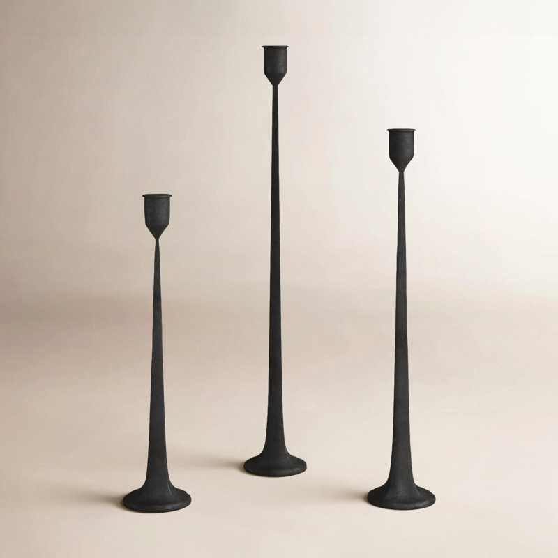  Set of Three Taper Candle Holders, Cast Iron Rustic Farmhouse Table Decor, Black Finish