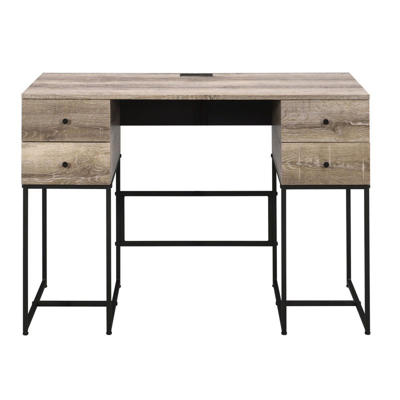 Bureau rustique moderne à 4 tiroirs - Chêne et noir avec port de chargement pour un espace de travail productif