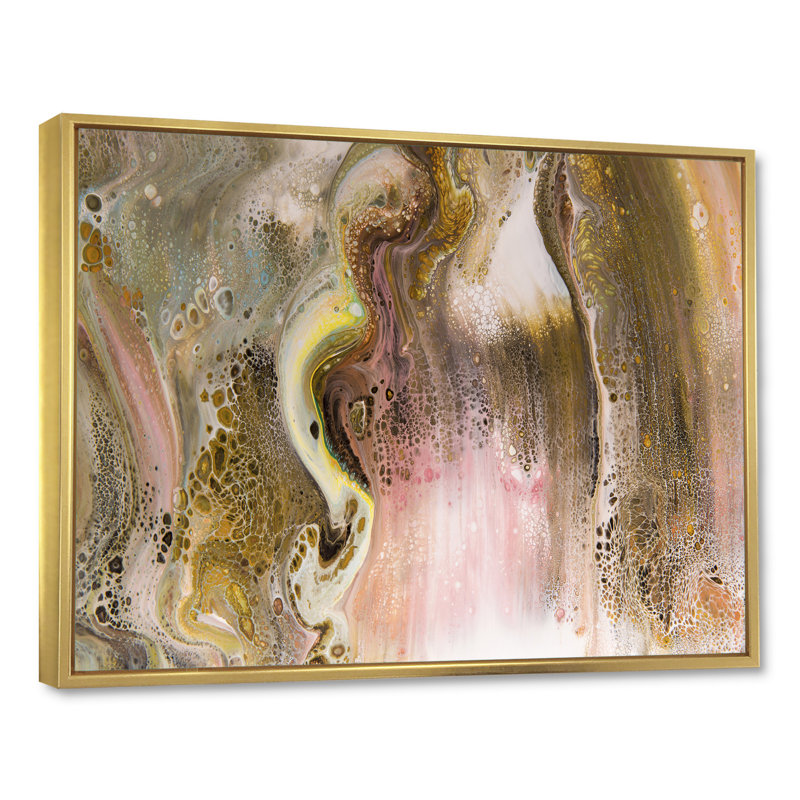 Abstrait brun, taches et rayures dorées - reproduction sur toile, H 24 po x l 32 po, Toile à cadre flottant doré