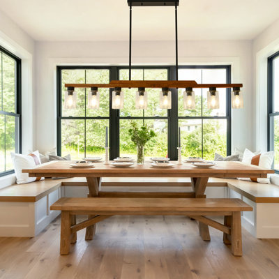  Farmhouse Chandelier 8-Light Dining Room Light Fixture, Farmhouse Linear Kitchen Island Lighting with Seeded Glass Shade, Rustic Wood Ceiling Pendant Light Fixtures