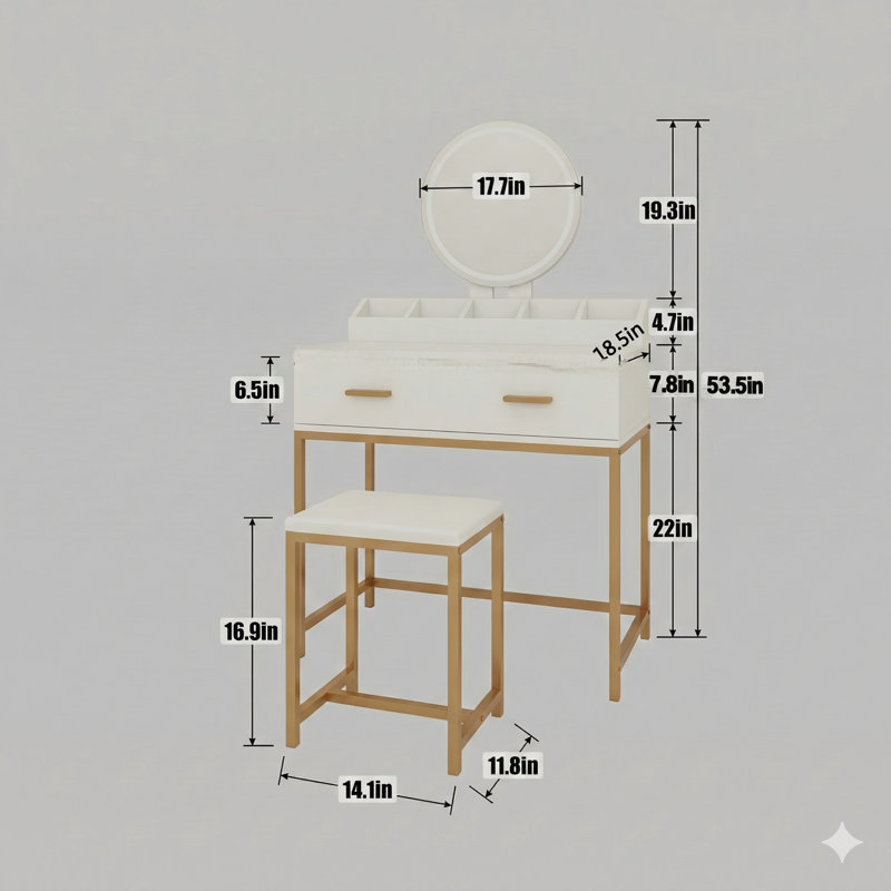 Vanity Set Comprising A Table With Mirror And A Stool. This Makeup Vanity Table Offers Storage Drawers And An Organizer, In A White And Gold Color Scheme. Features A Space-Saving Design Ideal For Smaller Bedrooms.