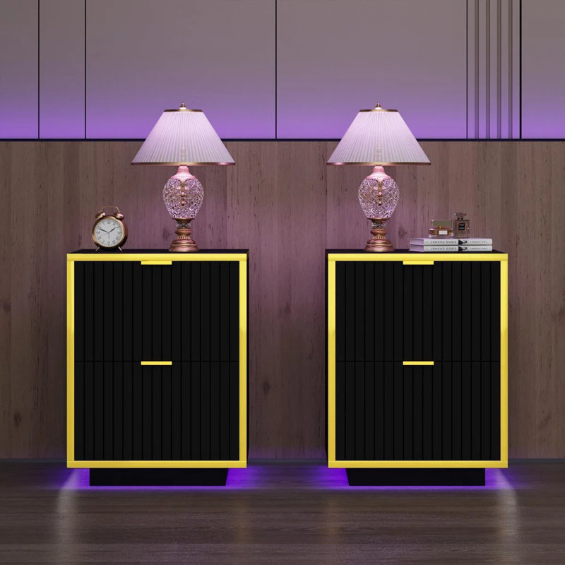 Ensemble de lit plateforme intelligent en cuir avec table de chevet moderne à DEL 2 pièces - Ensemble de chambre à coucher lumineuse 3 pièces