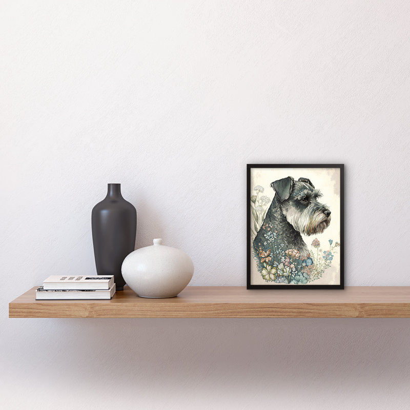 Grey Schnauzer Dog And Spring Flowers Boho Portrait Watercolour - Single Picture Frame Print