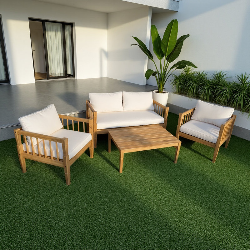 Ensemble de conversation de patio 4 pièces en teck, mobilier d'extérieur à assise profonde avec coussins épais et table basse pour le balcon de la cour arrière