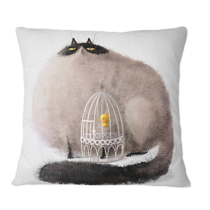 Caricature d'un chat avec un petit oiseau dans une cage - Coussin décoratif pour enfants, 16 po x 16 po