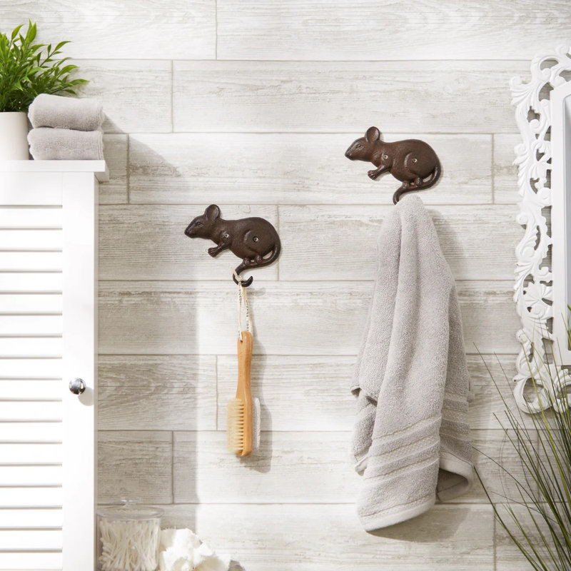 Cast Iron Mouse Wall Hooks Set of 2 | Rustic Hangers