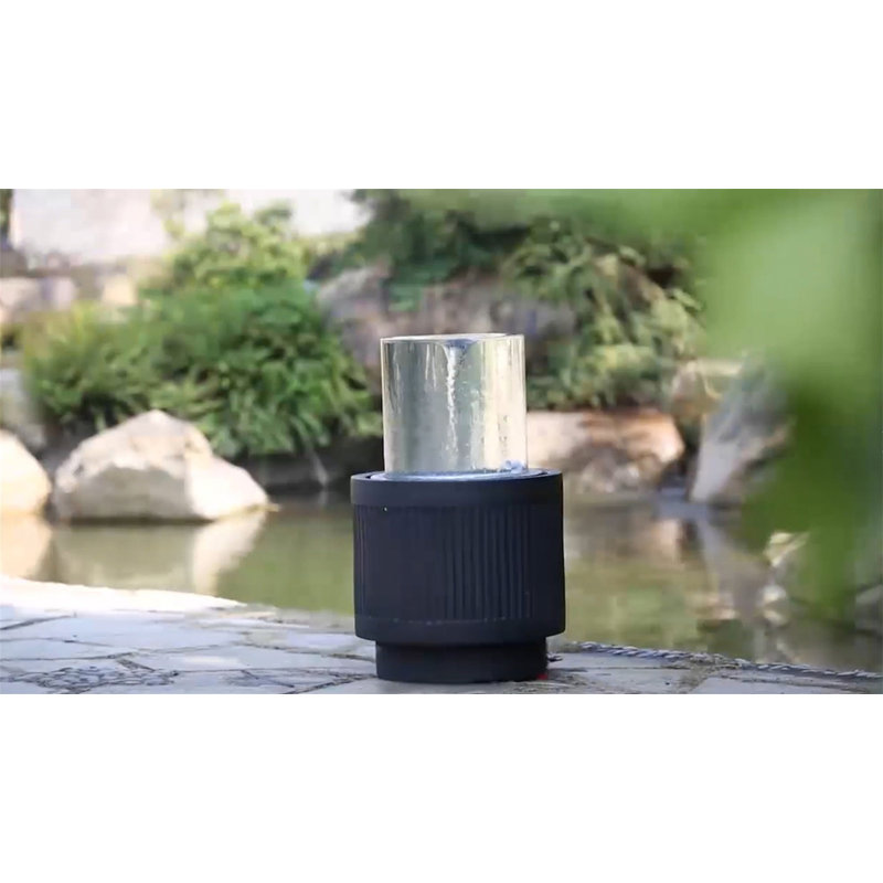 20x20x19.5" Heavy Cement Round Black Ribbed Outdoor Water Fountain with Light