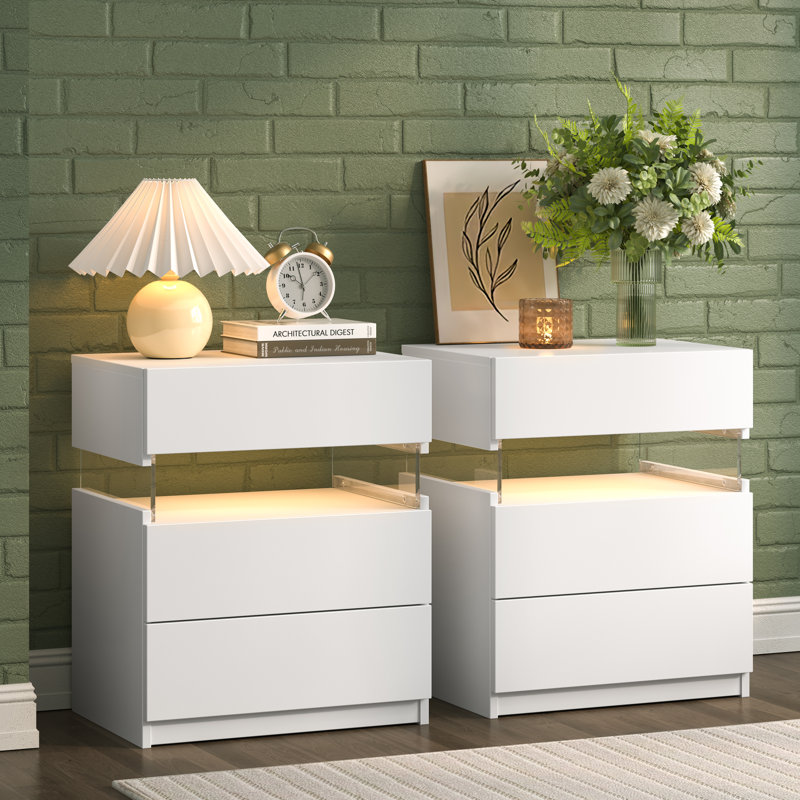 LED Bedside Table Set of 2 with Drawers, White