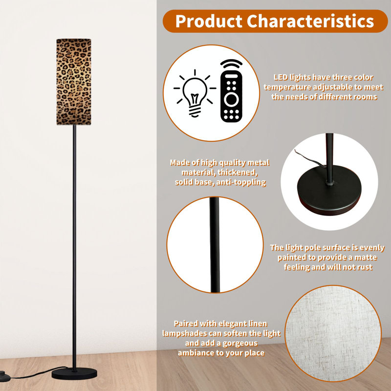  68.5" Standing Floor Lamp Leopard texture brown beige darker Dimmable Metal Pole Lamp with Linen Lampshade LED Bulb Included