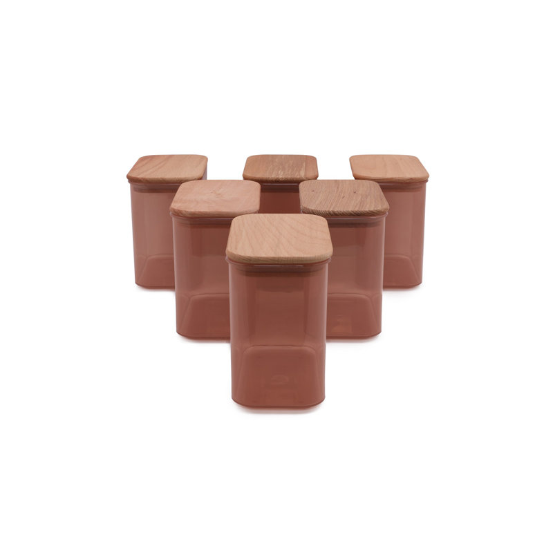 Stylish Storage Box Set (6 Pieces), Pink & Brown, 5.9 x 3.7 x 5.5 inches | BPA Free Plastic with Wooden Lid | Dishwasher Safe | Ideal for Organizing Kitchen, Office, or Craft Supplies | Durable & Versatile Design