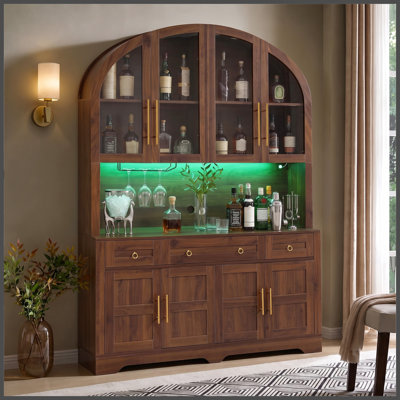 75.8" Tall Arched Kitchen Pantry Cabinet with LED & Charging Station, 55" Wide Farmhouse Pantry Storage Cabinet with Drawers & Barn Doors, Kitchen Hutch for Dining, Living Room, Walnut Brown