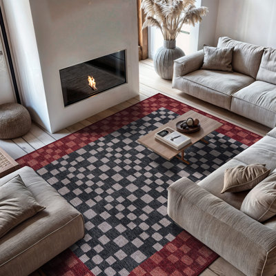 Checkerboard Panel Slate Grey Machine Washable Polyester Non-Slip Backing Area Rug