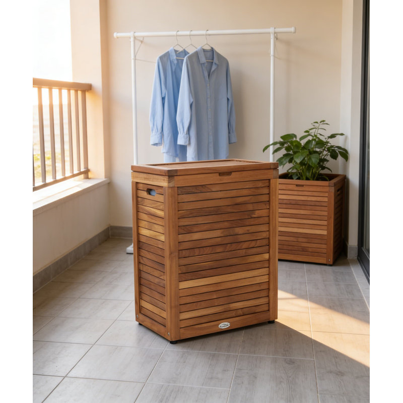 Large Rectangular Teak Laundry Hamper With Optiarea Design - Durable Storage Basket For Indoor And Outdoor Use