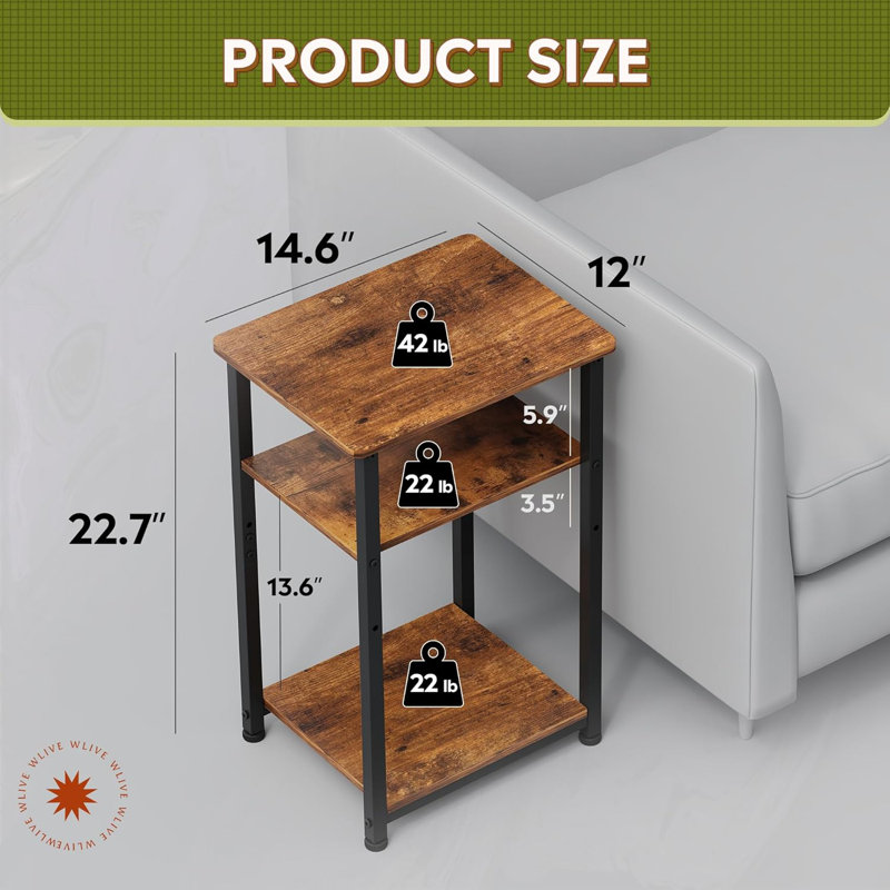 14.6"W 3-Tier End Table, Small Narrow Side Tables, Rustic Brown