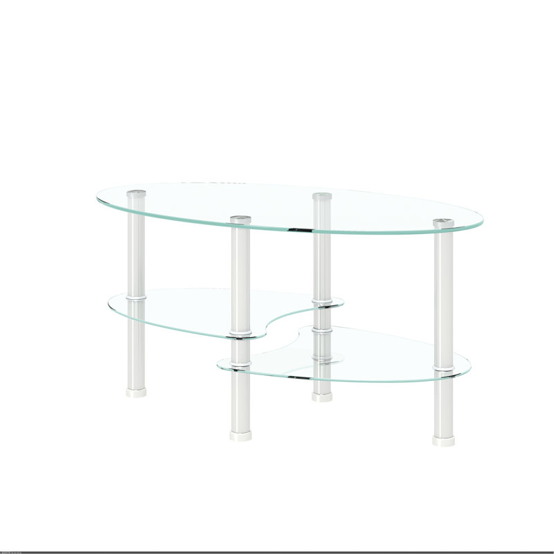 Table basse ovale transparente en verre, table moderne avec pieds en acier inoxydable, table à thé en verre à 3 couches pour le salon