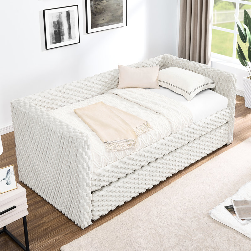 Lit de jour simple élégant en velours côtelé beige avec fonction coulissante pour une utilisation polyvalente, Beige