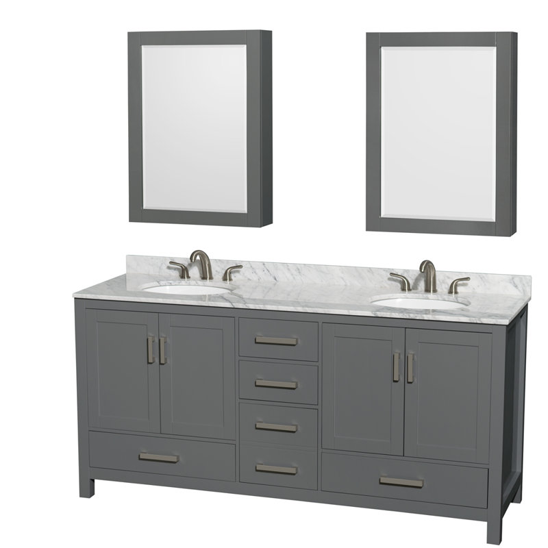 Meuble-lavabo double 72 po avec dessus en marbre et armoires à pharmacie Sheffield, Chrome brossé, Gris foncé