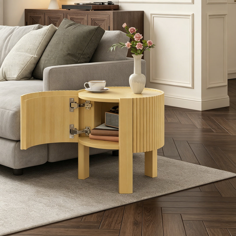 Table d'appoint ronde cannelée avec rangement pour le salon, bois d'hévéa massif, porte à fermeture en douceur, naturel, 19,6 po